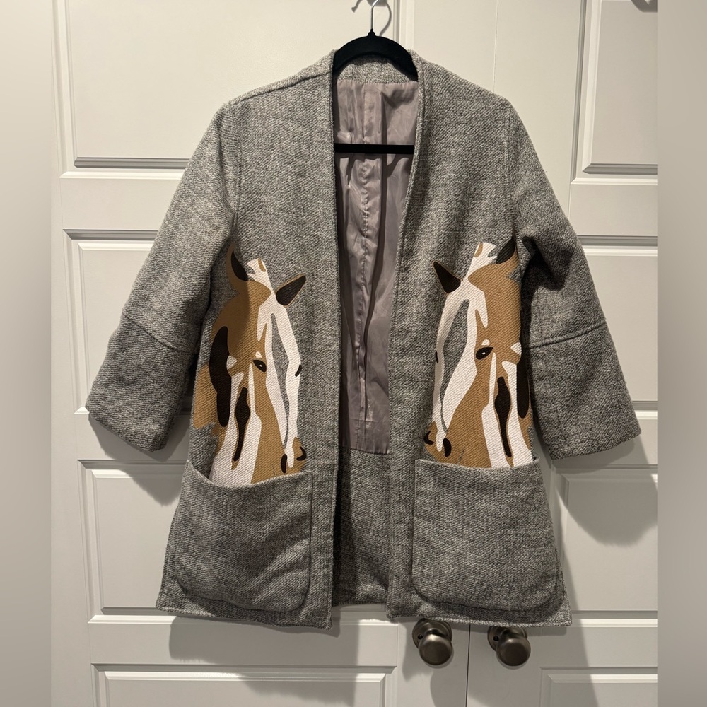 Metisu Horse Detail Tweed Jacket Coat 3/4 Sleeve Grey Equestrian Womens Small